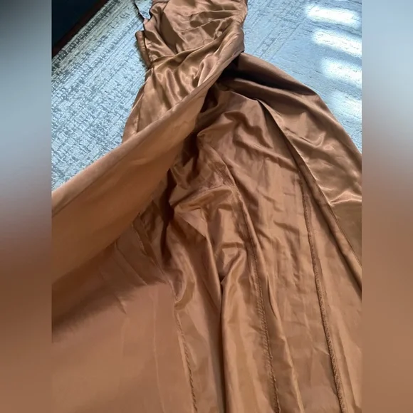 Galina Signature Charmeause Draped One-Shoulder Dress | Tawny Color | Size 0 - Picture 4 of 9